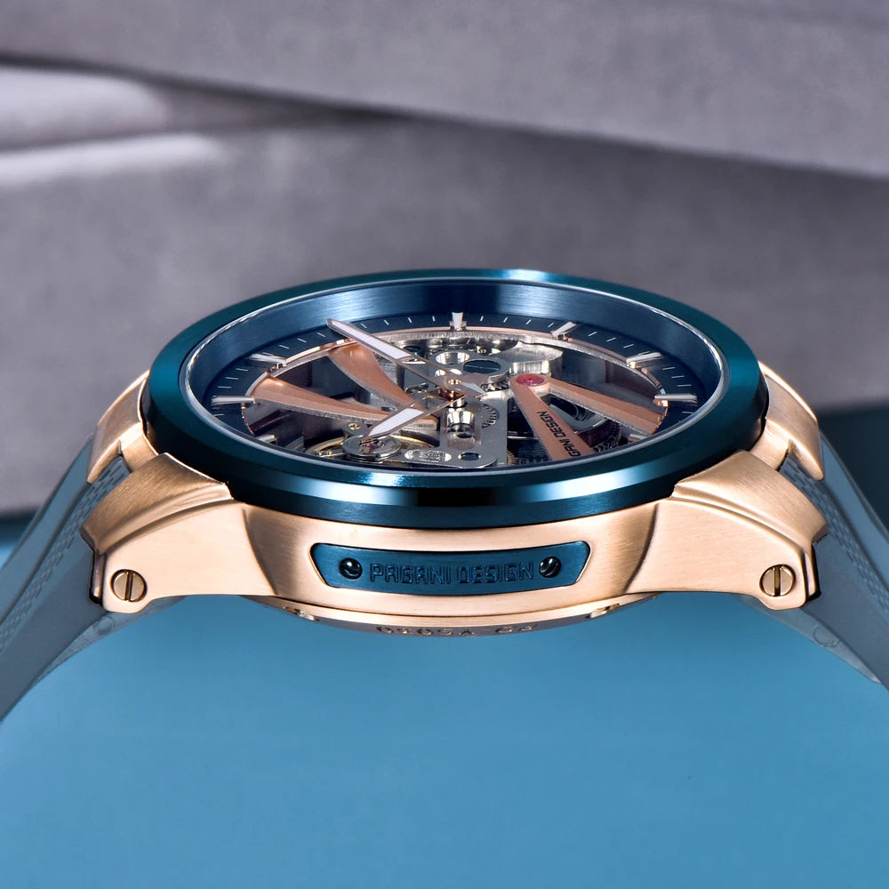 Pánske hodinky PAGANI DESIGN – Luxusný mechanický model s automatickým náťahom, typu „skelet“ (s otvoreným srdcom), vybavený tourbillonom, so zafírovým sklom s antireflexnou úpravou, vodotesné a luminiscenčné.