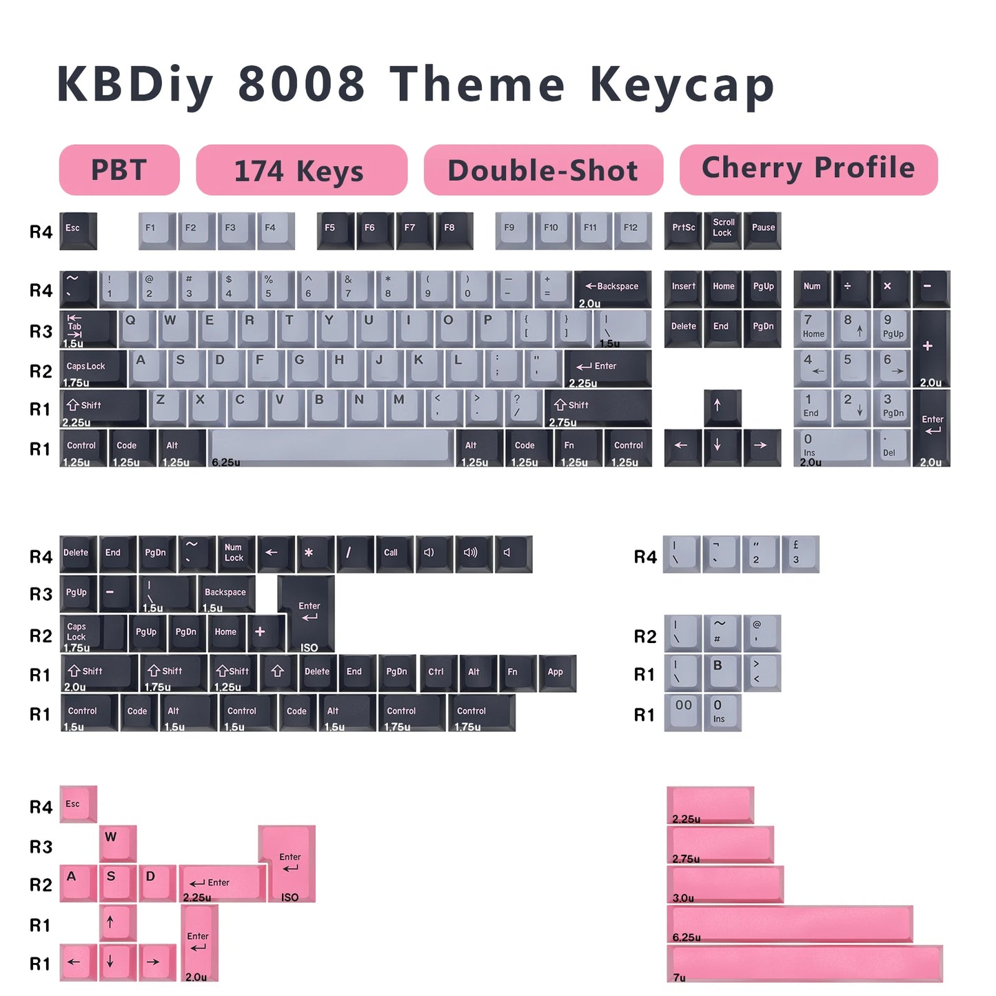 KBDiy 174 teclas/set teclas PBT GMK Apollo Double Shot minimalistas perfil ISO Cherry para teclado mecánico gaming, compatibles con MX