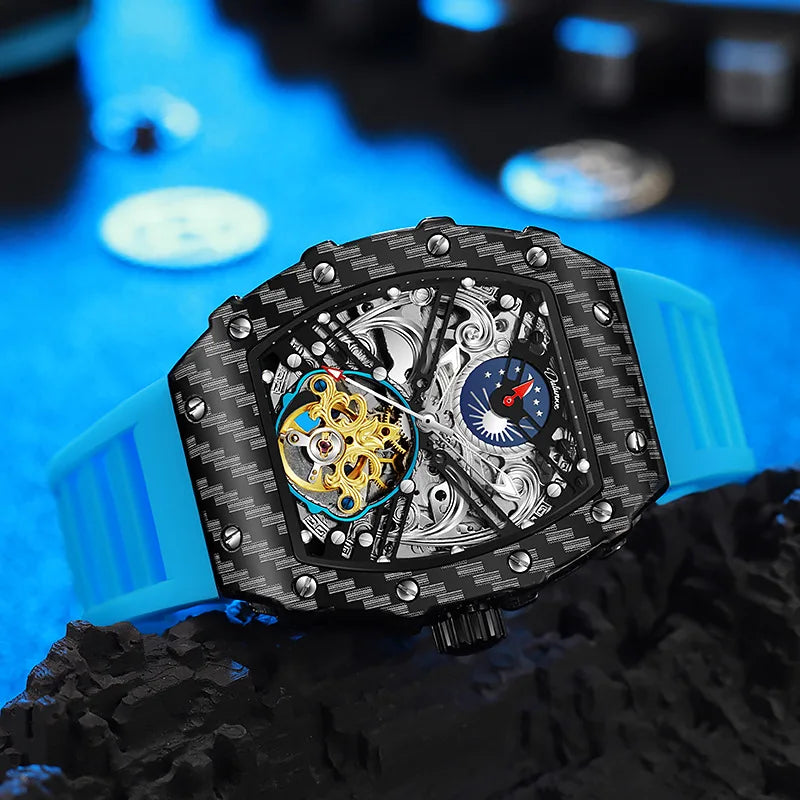 Mechaniczny zegarek Tourbillion dla mężczyzn, silikonowy pasek, szkieletowa koperta tonneau, automatyczne zegarki męskie, luksusowa topowa marka, reloj hombre