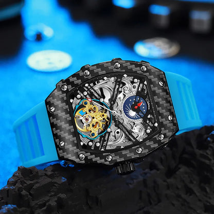 Mechaniczny zegarek Tourbillion dla mężczyzn, silikonowy pasek, szkieletowa koperta tonneau, automatyczne zegarki męskie, luksusowa topowa marka, reloj hombre