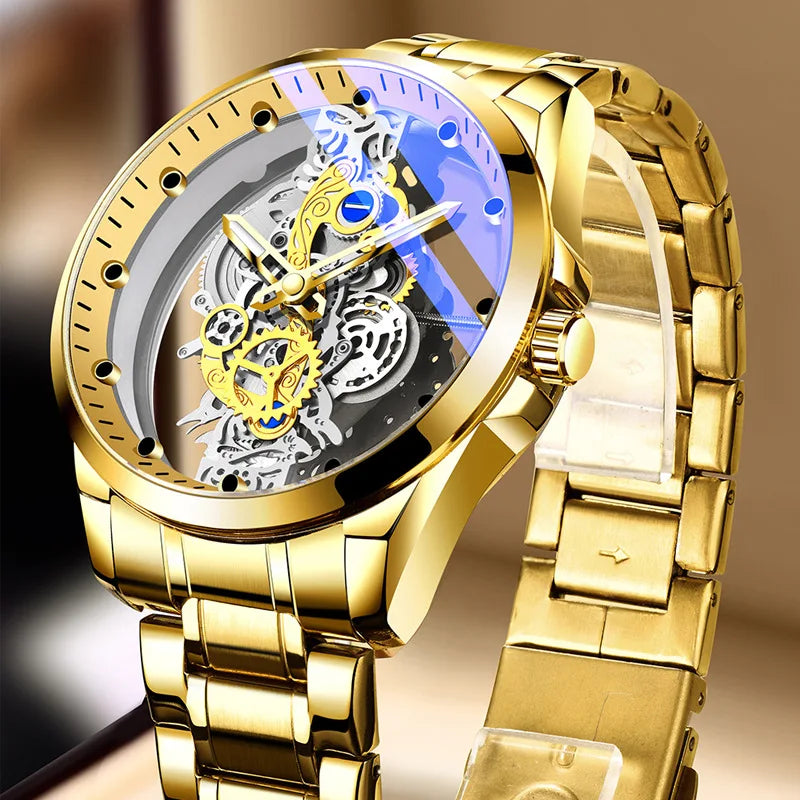 Trendig herrklocka, modell med dubbla öppningar, lyxig gulddesign, mekanisk tourbillon-imitation, kvartsverk.