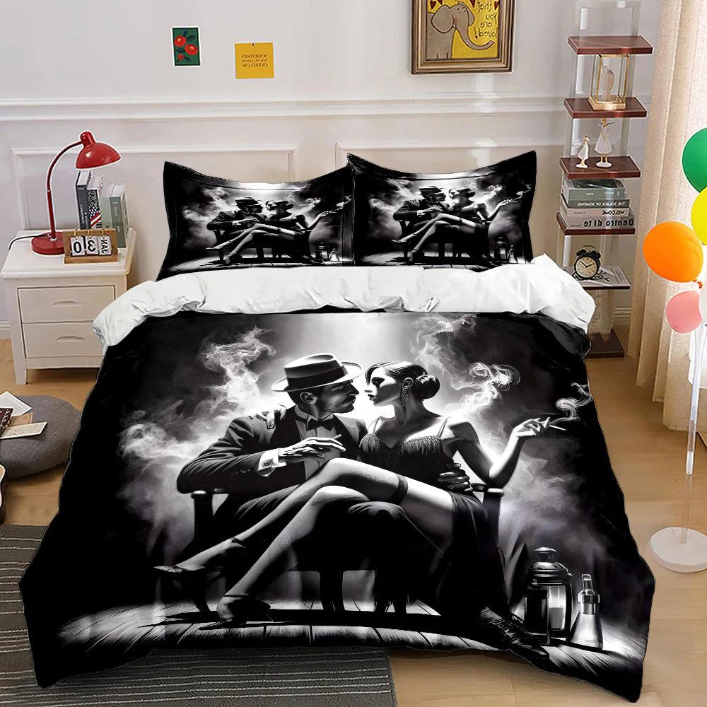 Conjunto de Cama para Crianças com Casal em Cena Esfumada a Preto e Branco, Presente de Luxo, 3 Peças, Edredão com Impressão Digital, Macio e Confortável