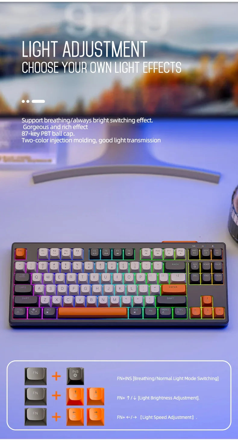 Teclado M87 inalámbrico Bluetooth de doble modo, sensación mecánica, gaming y oficina, silencioso, teclas esféricas PBT, luz arcoíris