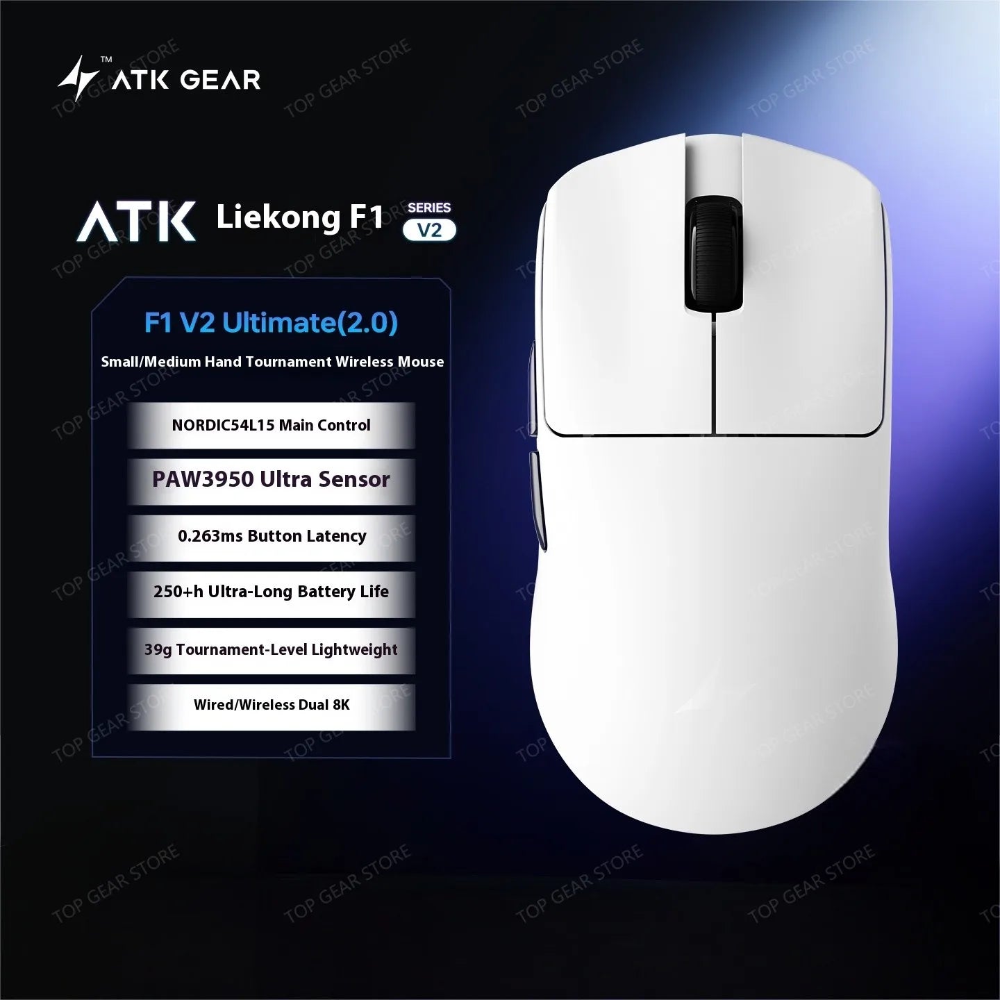 Ratón gaming inalámbrico trimodo ATK F1 V2 Ultra MAX PAW3950, doble 8K, ligero y ergonómico, ratón esports, accesorio personalizado para PC