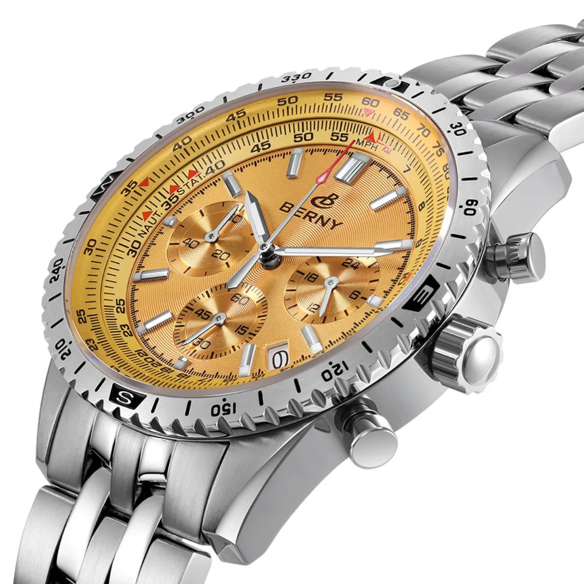 Relógio de homem BERNY Aviation – Cronógrafo de quartzo com data, vidro de safira e revestimento ultraluminescente – Relógio elegante de marca de luxo