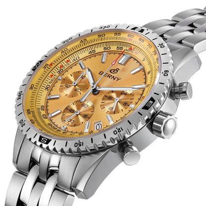 Relógio de homem BERNY Aviation – Cronógrafo de quartzo com data, vidro de safira e revestimento ultraluminescente – Relógio elegante de marca de luxo
