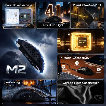 MAMBASNAKE M2 Ultra-Lightweight Wireless Gaming Mouse, PAW3395PRO Sensor 40000 DPI, 41g Carbon Fiber, Tri-Mode