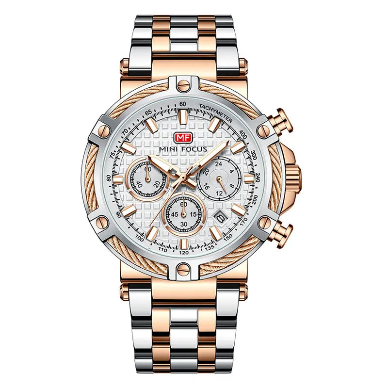 MINI FOCUS Black Stainless Steel Quartz Watch Men Fashion Luminous Dress Wristwatch with Date 24-hour Display Chronograph 0470