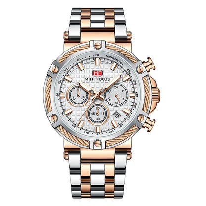 MINI FOCUS Black Stainless Steel Quartz Watch Men Fashion Luminous Dress Wristwatch with Date 24-hour Display Chronograph 0470