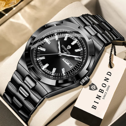 Relógios de quartzo BINBOND em aço inoxidável para homem – Relógio de luxo, estanque e luminescente – Modelo original para homem