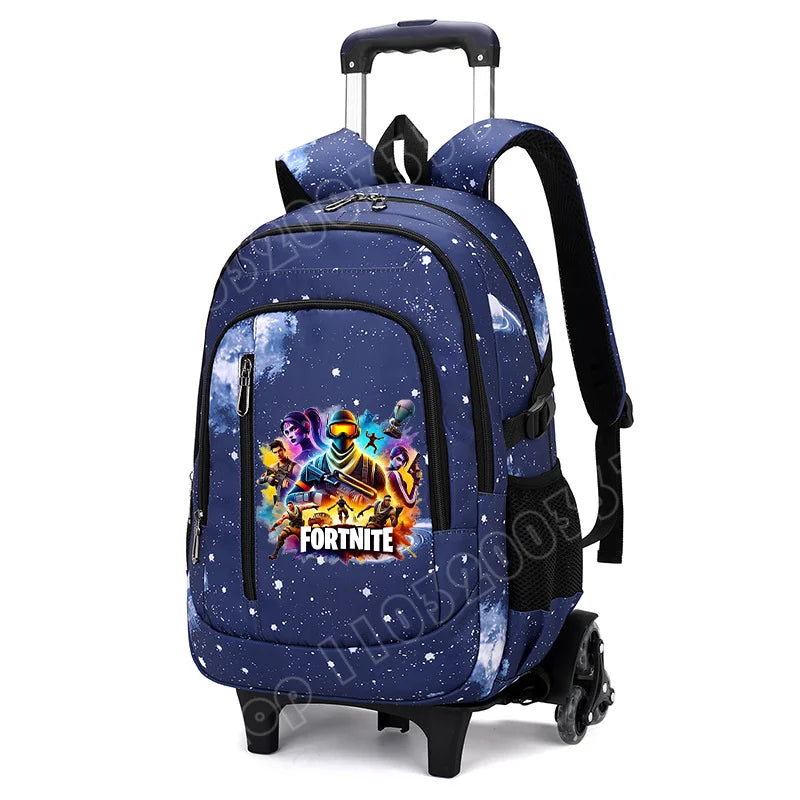 Mochila trolley 2 en 1 Fortnite con estampado de cielo estrellado, gran capacidad, impermeable, compartimento para portátil, diseño para subir escaleras, mochila escolar para estudiantes