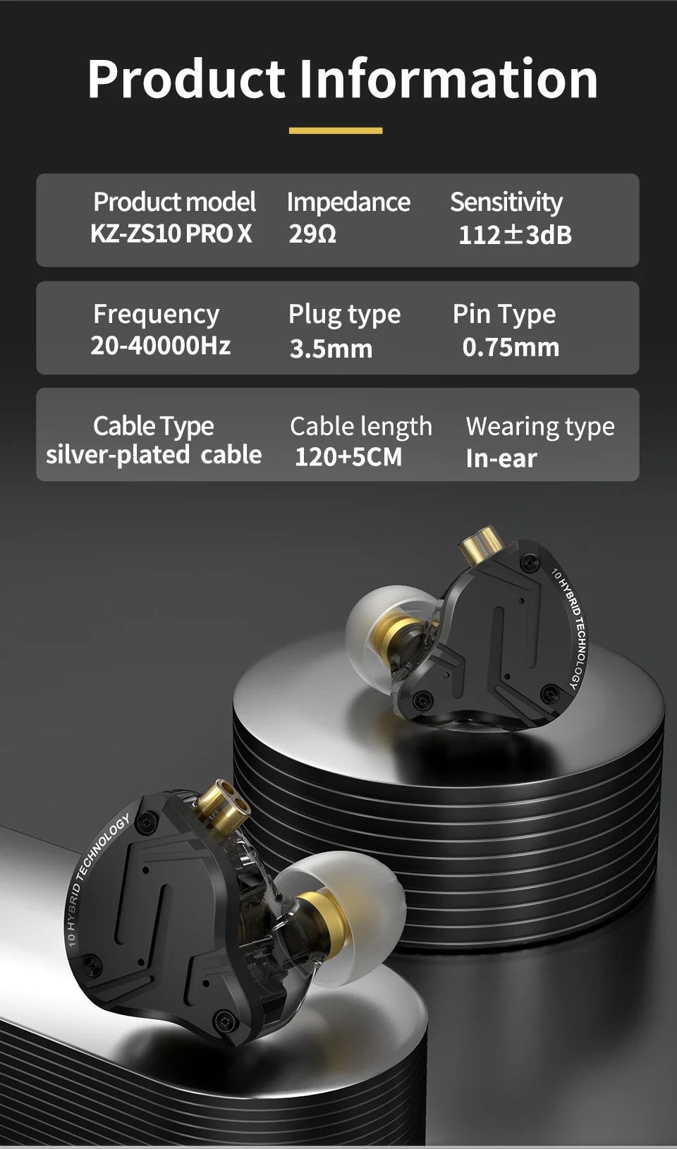 Auriculares intrauditivos con cable KZ ZS10 Pro X HiFi con graves de monitorización, cable desmontable y micrófono