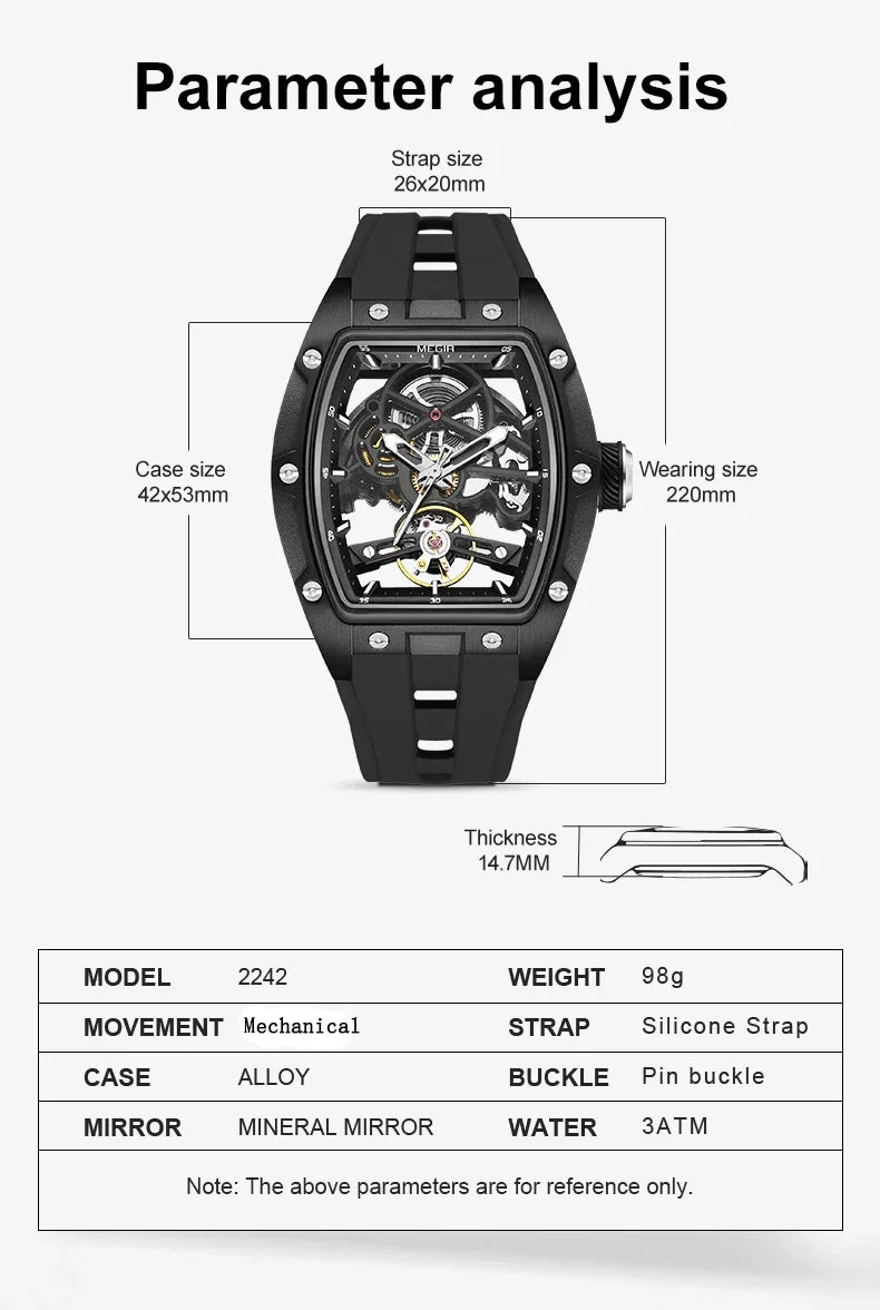MEGIR Fashion Leisure Alloy Case Men Mechanical Watch Silicone Band Barrel Shaped Dial Luminous Pointer Design Man Wristwatch