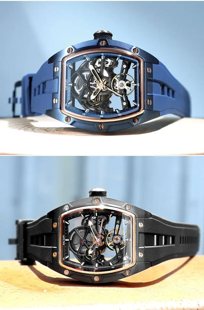 Orologio da polso automatico MEGIR da uomo, fashion, cinturino in silicone nero, impermeabile, luminoso, sportivo, meccanico, con quadrante tonneau 2242