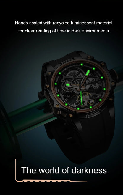 MEGIR Skeleton Dial Automatic Mechanical Watch Men Stainless Steel Case Waterproof Luminous Sport Wristwatch with Silicone Strap
