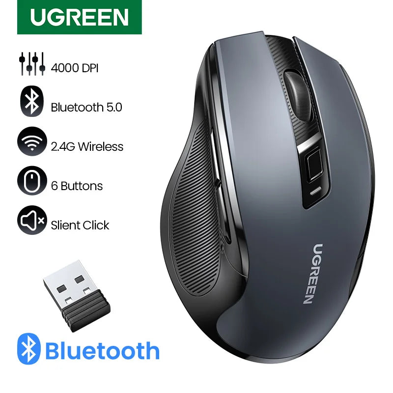 UGREEN bežični miš Bluetooth 5.0, ergonomski miš 4000DPI, 6 tihih tipki, miš za MacBook, tablet, prijenosna računala, računalo PC, 2.4G miševi