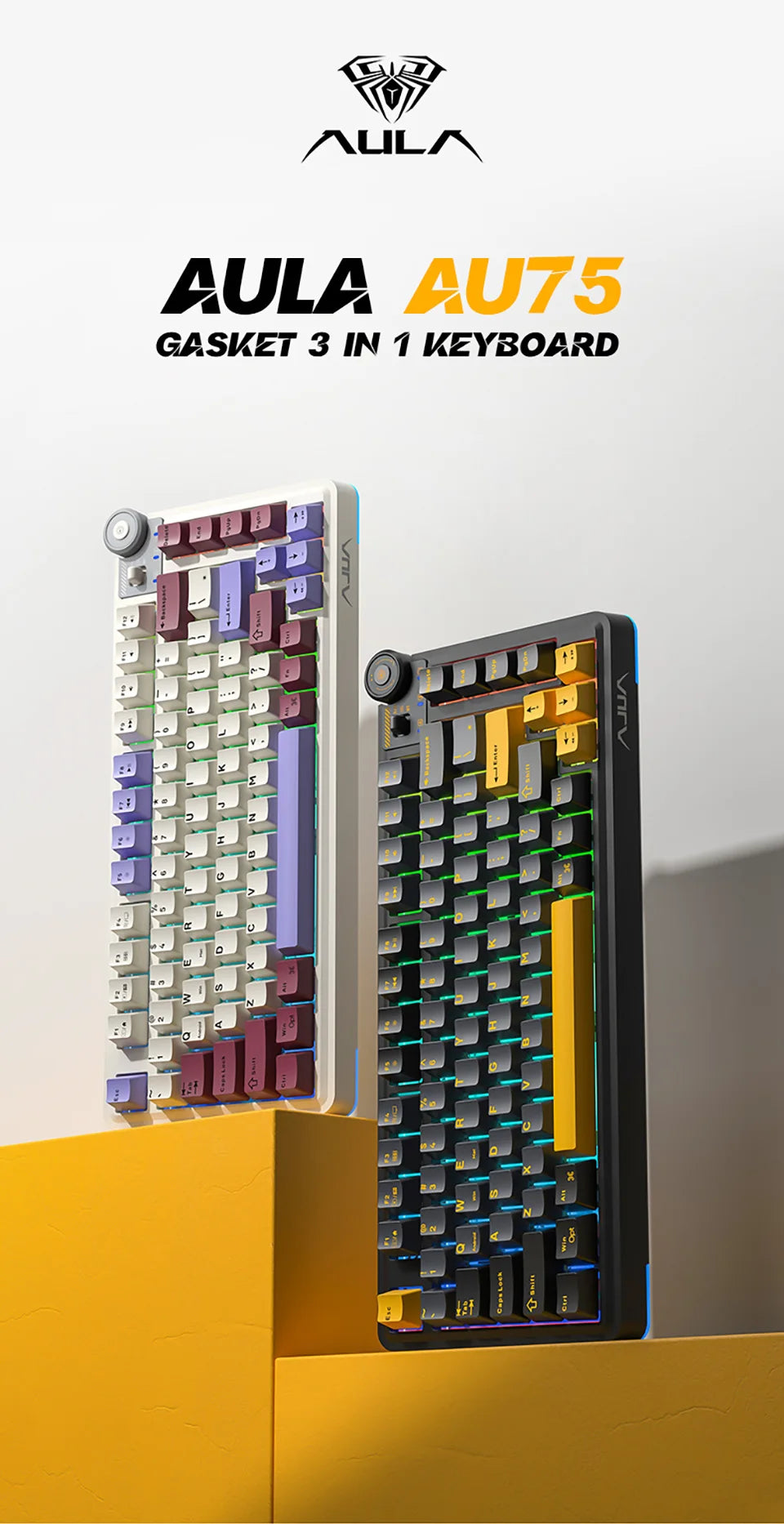 Teclado mecánico gaming esports AULA AU75 de tres modos, 81 teclas, teclas PBT, hot-swappable, RGB, teclado inalámbrico para PC de escritorio y escritura