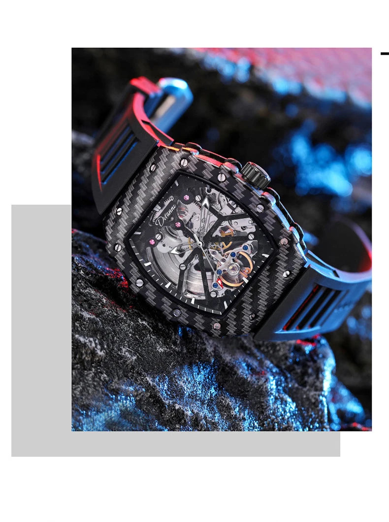 Mechaniczny zegarek Tourbillion dla mężczyzn, silikonowy pasek, szkieletowa koperta tonneau, automatyczne zegarki męskie, luksusowa topowa marka, reloj hombre