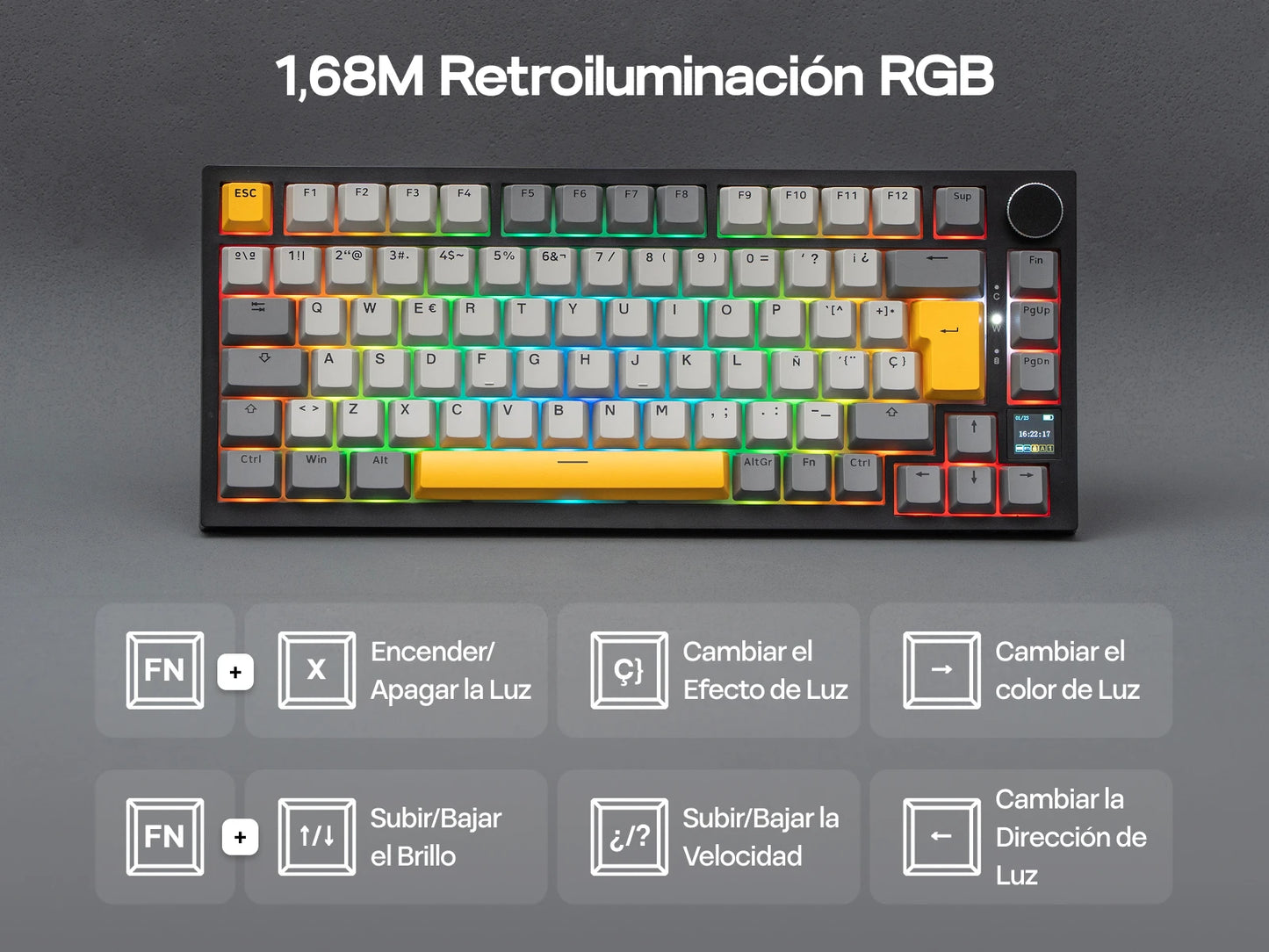 Distribución ISO-ES EPOMAKER X AJAZZ AK820 PRO 75% teclado mecánico con distribución española, cable/2.4GHz/BT, pantalla y perilla para Pc/Mac