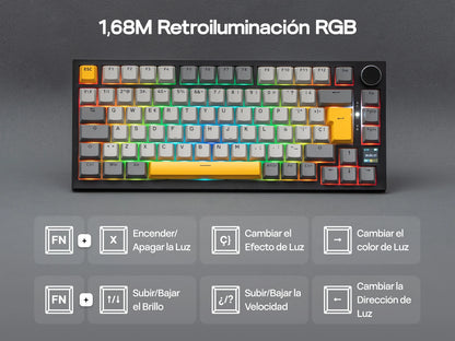 Distribución ISO-ES EPOMAKER X AJAZZ AK820 PRO 75% teclado mecánico con distribución española, cable/2.4GHz/BT, pantalla y perilla para Pc/Mac