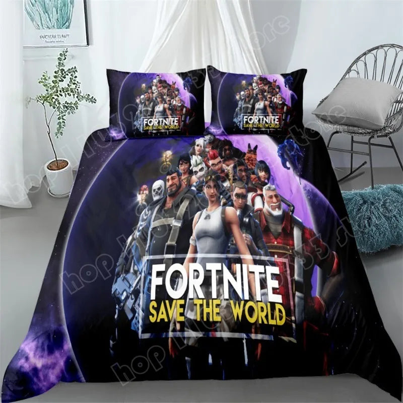 Juego de cama Fortnite de 3 piezas, ropa de cama para dormitorio con estampado 3D, diseño de videojuego y dibujos animados, funda nórdica y funda de almohada decorativas, regalo de cumpleaños