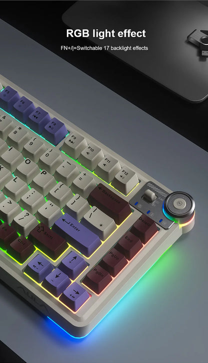 Teclado mecánico gaming esports AULA AU75 de tres modos, 81 teclas, teclas PBT, hot-swappable, RGB, teclado inalámbrico para PC de escritorio y escritura