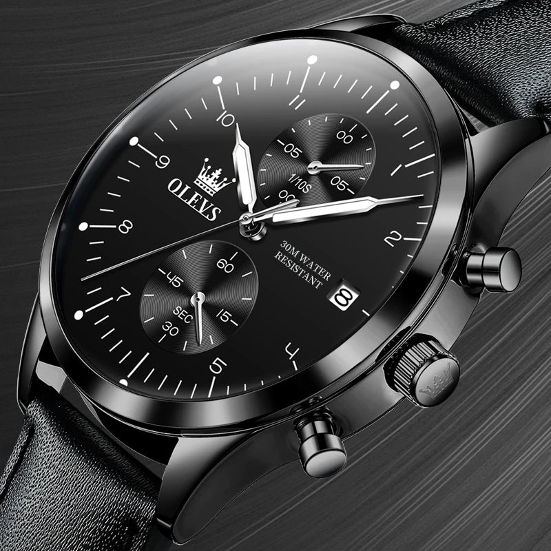 Relógio de homem OLEVS 2880 – Cronógrafo elegante e minimalista, bracelete em pele, indicação automática da data, resistente à água, ponteiros luminescentes, movimento de quartzo.