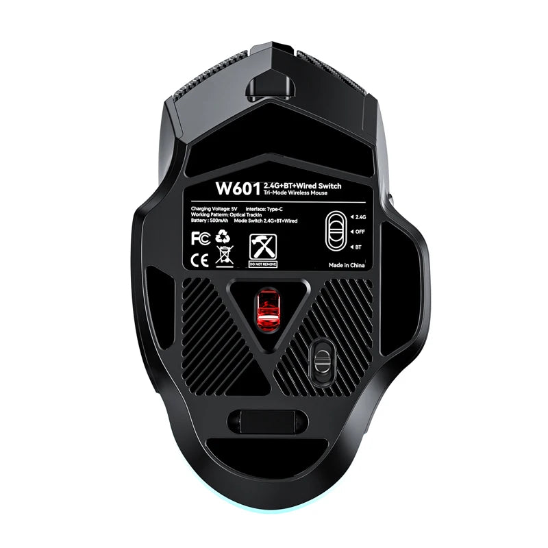 Mouse gaming tri-mode 12800DPI 2.4G Wireless Bluetooth cablato in fibra di carbonio, pulsante silenzioso, programmazione macro, 500mAh, 7 tasti