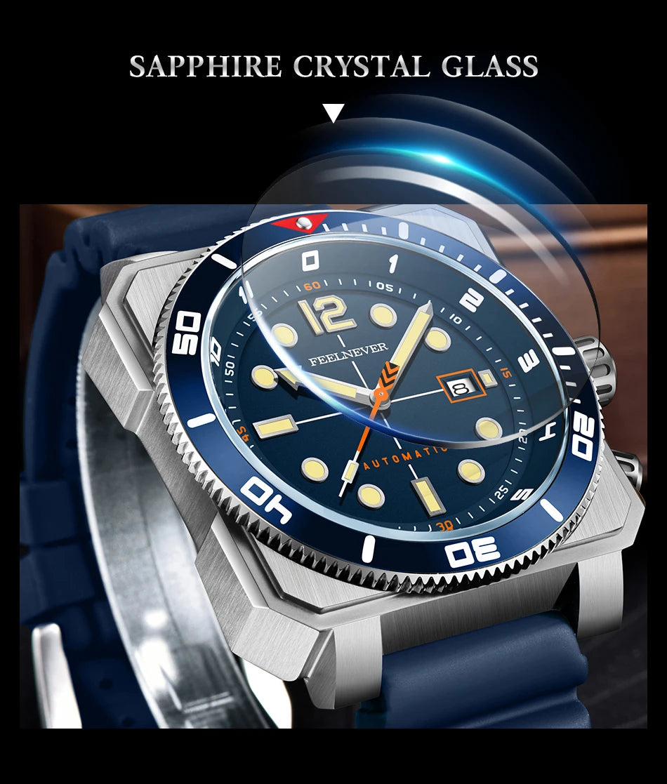 Orologio subacqueo automatico FeelNever 8215 da uomo, super luminoso, in acciaio 316, con vetro zaffiro, orologio sportivo meccanico maschile