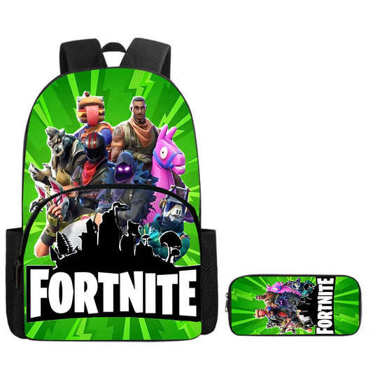 Fortnite Cartoon Backpack w/ Front Pocket & Pencil Case 2PCS - School Set for Boys Girls Age 5-8, Back to School Gift
