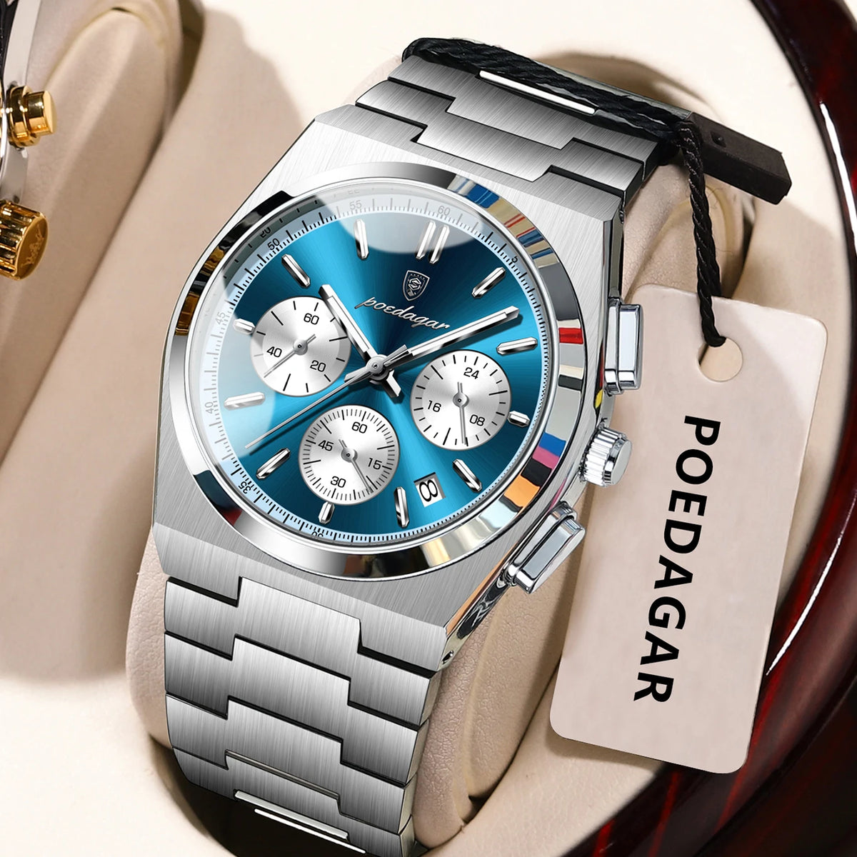 Reloj para hombre POEDAGAR: cronógrafo de lujo de acero inoxidable, con fecha, resistente al agua y luminiscente; reloj de pulsera deportivo de cuarzo
