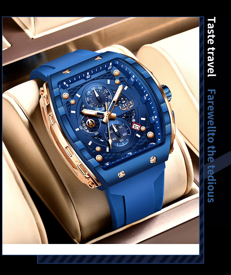 Reloj LIGE para hombre, de moda y lujo, resistente al agua, correa de silicona, cuarzo, luminoso, deportivo, fecha automática, cronógrafo, diseño sencillo