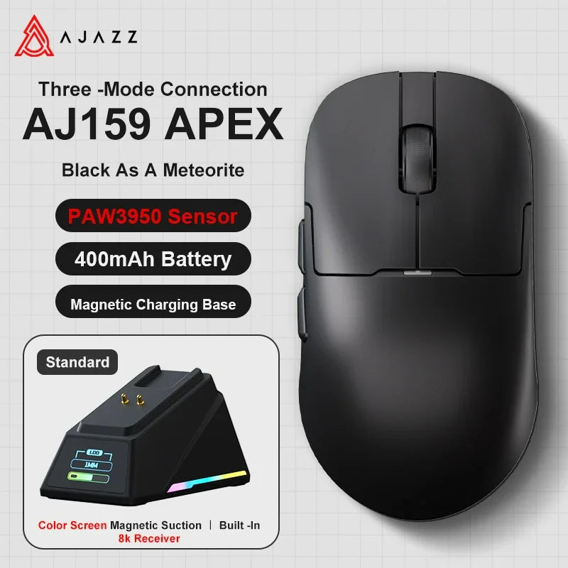Mouse gaming Ajazz AJ159 PRO/APEX 8000Hz Rebound Rate Paw3950 con schermo a colori, supporto magnetico AJ159P per ufficio e gaming