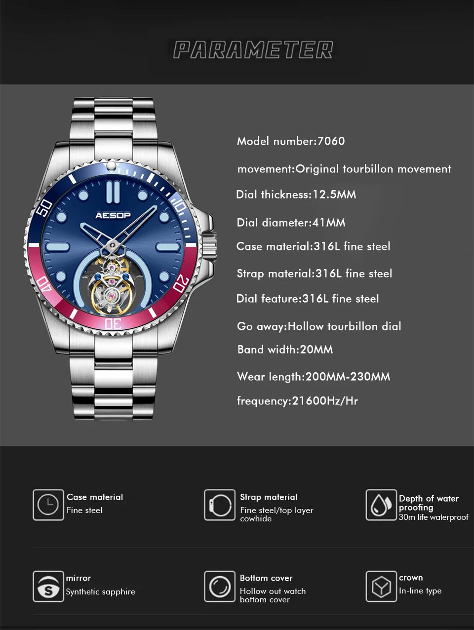AESOP 2025 Men Flying Tourbillon Mechanical Wristwatch Male Skeleton Luxury Sapphire Watch Mens Waterproof Super Luminous Clocks