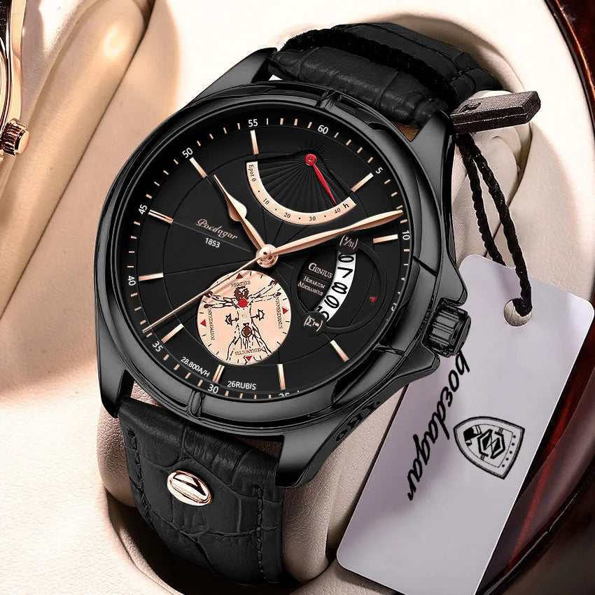 Relógio de pulso de quartzo POEDAGAR para homem – Estilo empresarial, de luxo, estanque, luminoso, com indicação da data e bracelete em pele – Relógio elegante para homem