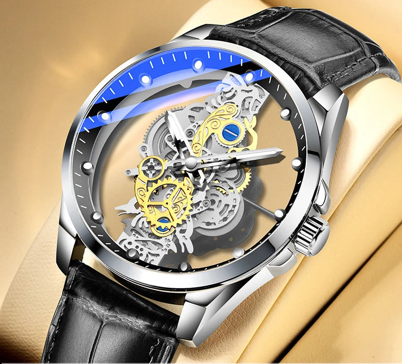 Trendig herrklocka, modell med dubbla öppningar, lyxig gulddesign, mekanisk tourbillon-imitation, kvartsverk.