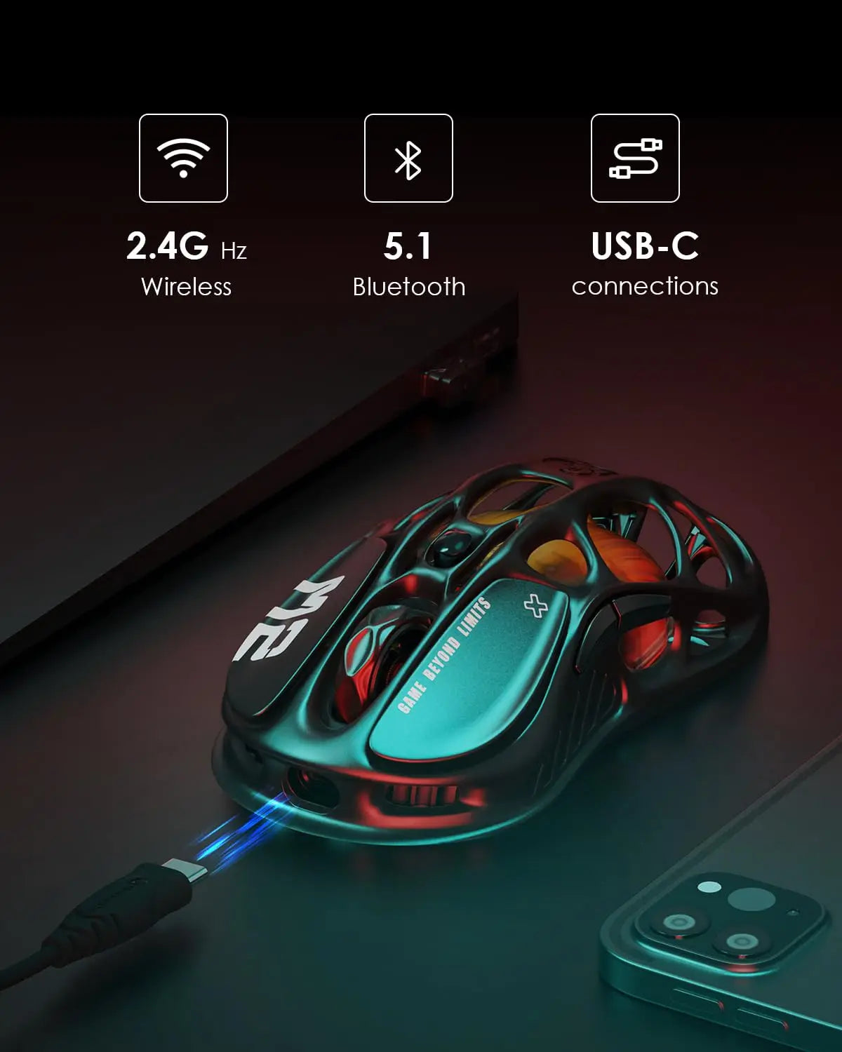 Mouse gaming wireless GravaStar Mercury M2 con 26,000 DPI, sensore PAW3395DM - Design alleggerito traforato da 79g - 5 pulsanti programmabili