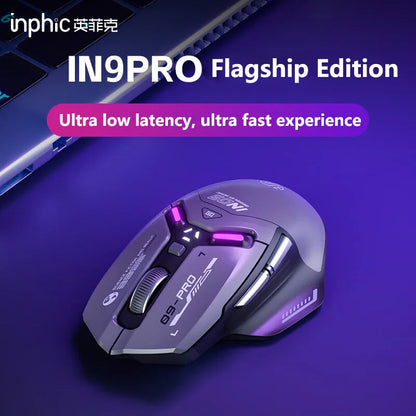 Inphic IN9PRO belaidė žaidimų pelė, 26000DPI, 8K apklausos dažnis, Bluetooth 5.0, laidinė, 2.4G, trijų režimų RGB ergonominė žaidimų pelė