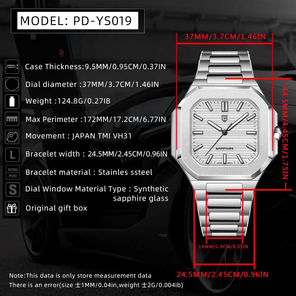 PAGANI DESIGN New V2 Men's Square Quartz Watch Top Luxury Brand Sports Waterproof Sapphire Stainless Steel Quartz Watch