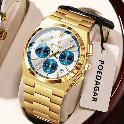 Reloj para hombre POEDAGAR: cronógrafo de lujo de acero inoxidable, con fecha, resistente al agua y luminiscente; reloj de pulsera deportivo de cuarzo