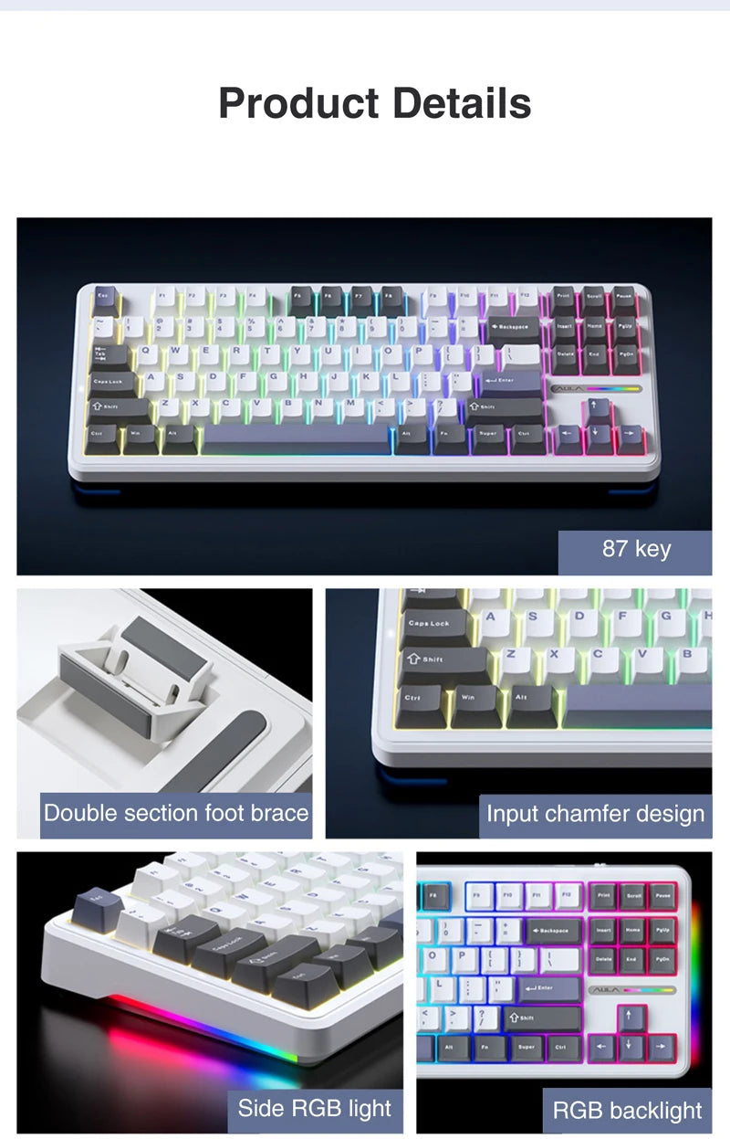 AULA F87 Pro Wireless Mechanical Keyboard 87 Keys Bluetooth 2.4G Wired Gaming Keyboard RGB Hotswap Gamer Non-contact Keyboard