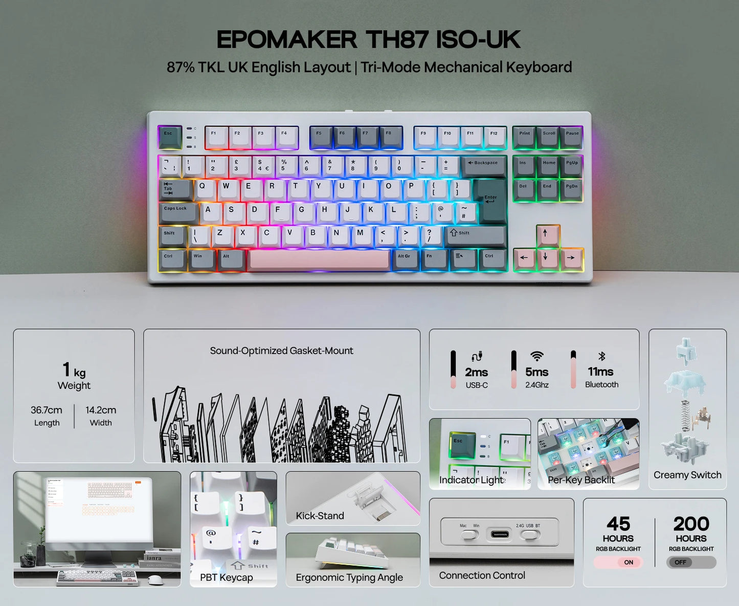 Teclado mecânico EPOMAKER TH87 TKL com layout ISO-UK, ligação com fio/BT/2.4Ghz sem fios, NKRO, bateria de 10000mAh e iluminação RGB