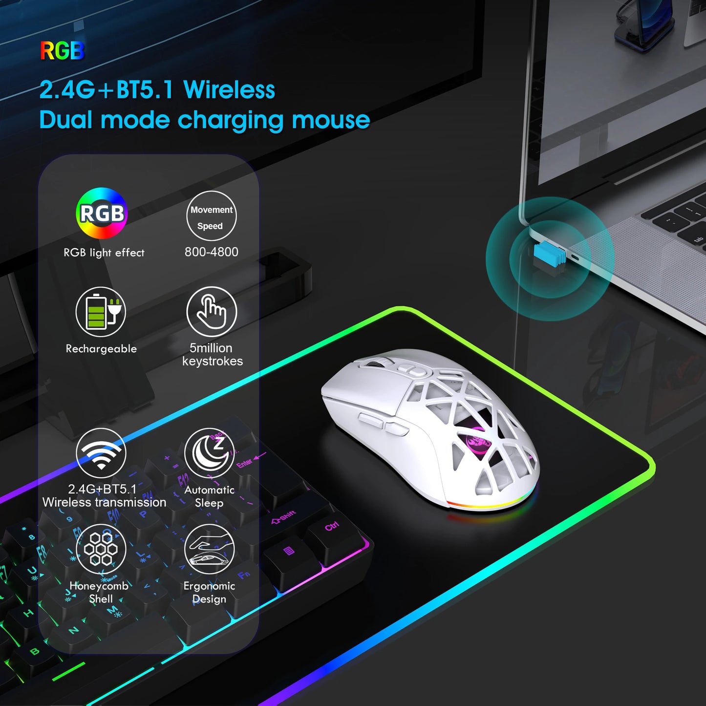 Ratón gaming HXSJ T26 de doble modo 2.4G+BT5.1, inalámbrico para portátil, 4800DPI ajustables, óptico, ergonómico para gamer