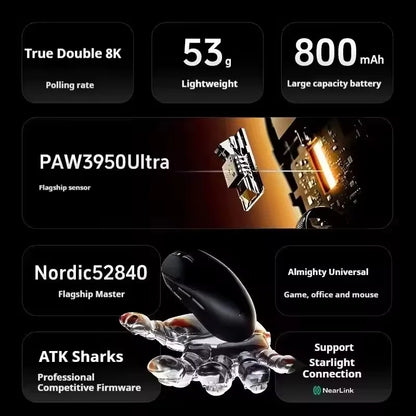 Mouse gaming wireless ATK A9 con tecnologia NearLink, ergonomico, PAW3395, tri-mode Bluetooth a bassa latenza, mouse esports per PC