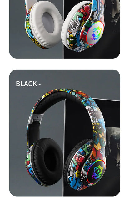 Nuovo headset gaming Bluetooth wireless Graffiti LX-8686 con microfono, luce LED, supporto per scheda TF, bassi profondi e cuffie over-ear per PC, gaming e bambini