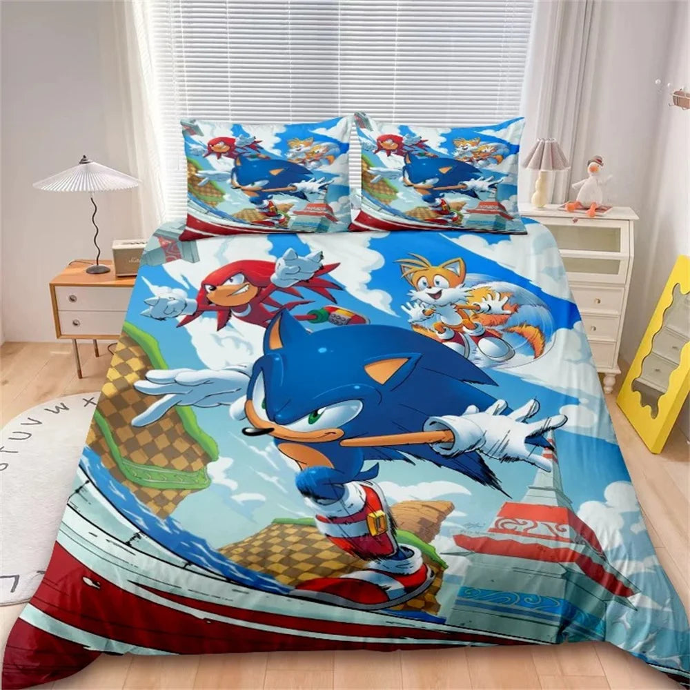 Juego de funda nórdica de dibujos animados, ropa de cama suave de algodón lavable, S-Sonic-S, película H-HedgehogS, set de 2/3 piezas, cuatro estaciones, residencia de estudiantes
