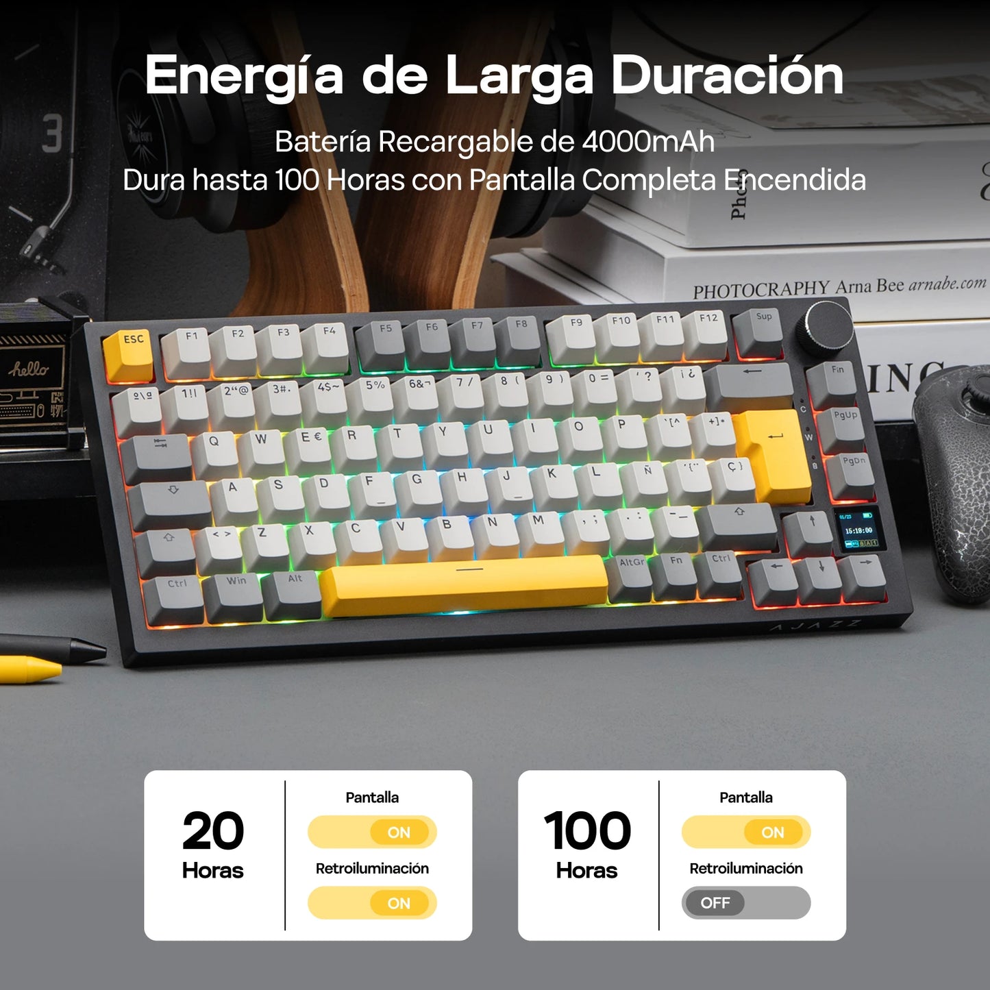 Distribución ISO-ES EPOMAKER X AJAZZ AK820 PRO 75% teclado mecánico con distribución española, cable/2.4GHz/BT, pantalla y perilla para Pc/Mac