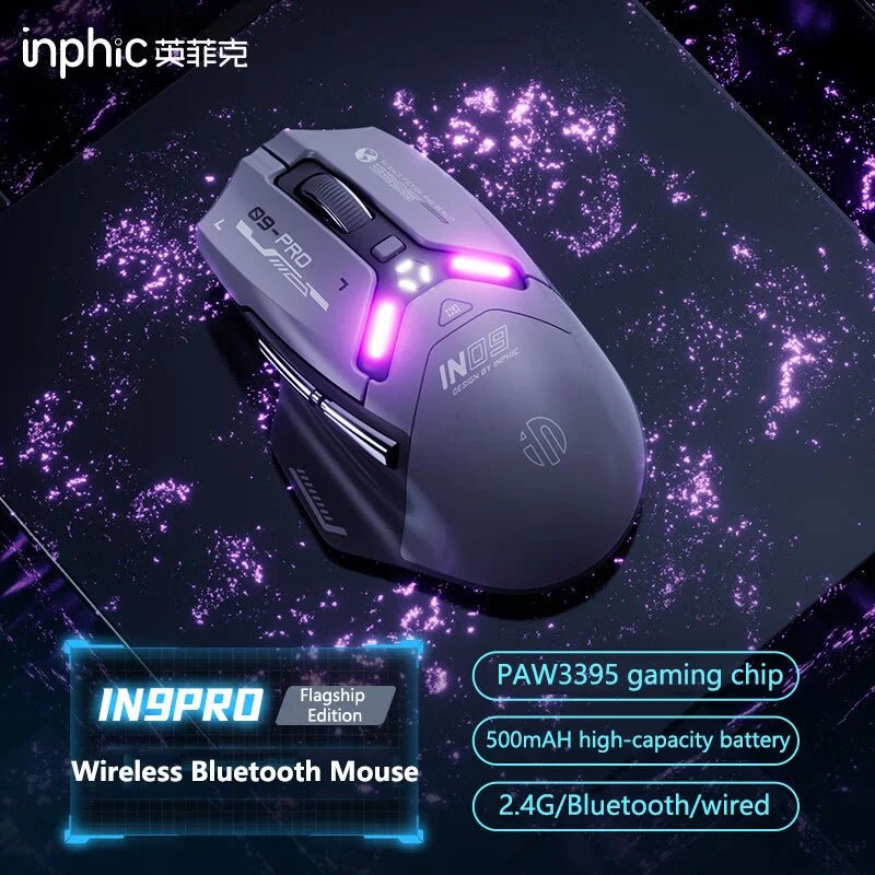 Inphic IN9PRO belaidė žaidimų pelė, 26000DPI, 8K apklausos dažnis, Bluetooth 5.0, laidinė, 2.4G, trijų režimų RGB ergonominė žaidimų pelė