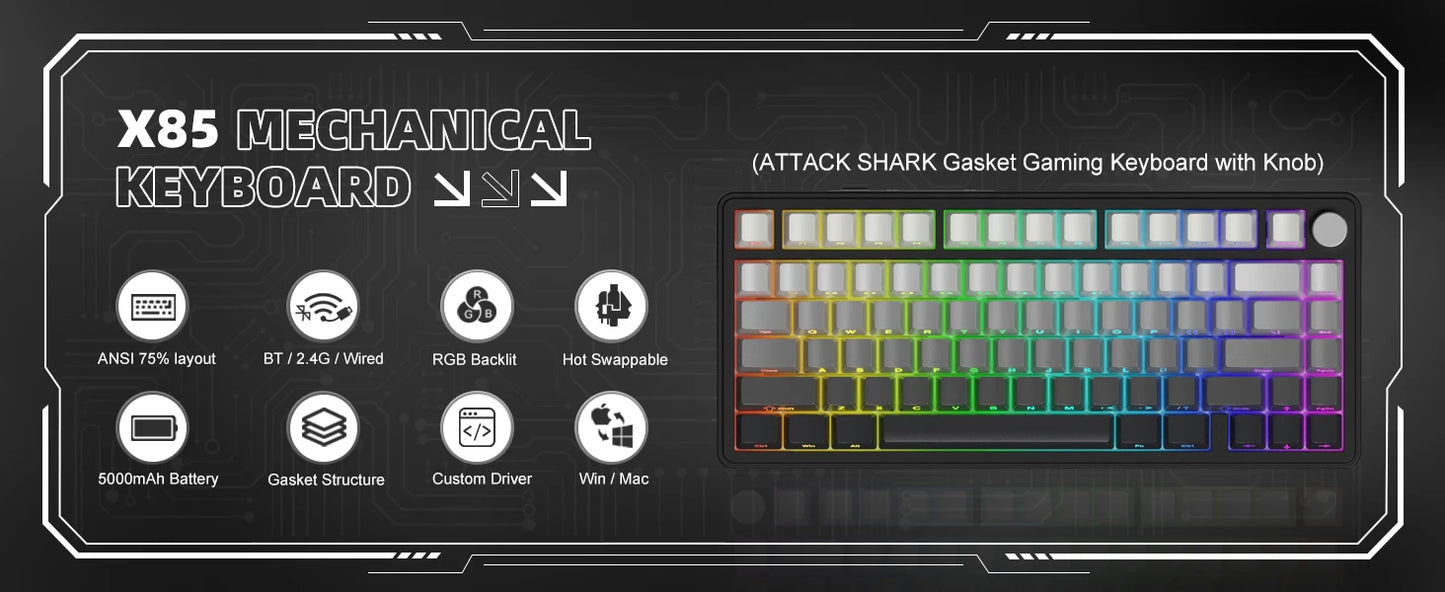Tastiera meccanica ATTACK SHARK X85 Tri-mode Gasket 75% con manopola CNC, imbottitura a 5 strati, hot swappable, retroilluminazione RGB, NKRO