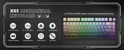 Tastiera meccanica ATTACK SHARK X85 Tri-mode Gasket 75% con manopola CNC, imbottitura a 5 strati, hot swappable, retroilluminazione RGB, NKRO